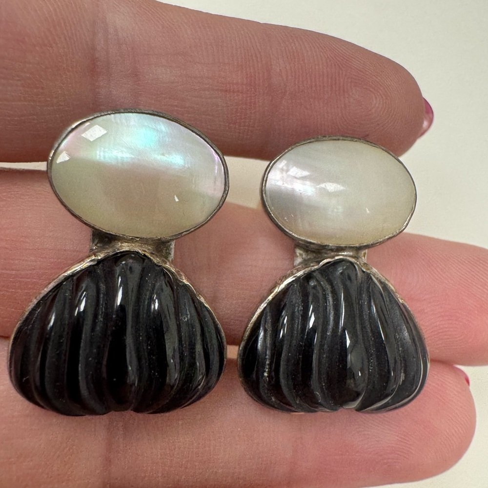 Rebecca Collins Sterling silver onyx and mother of pearl clip on earrings
